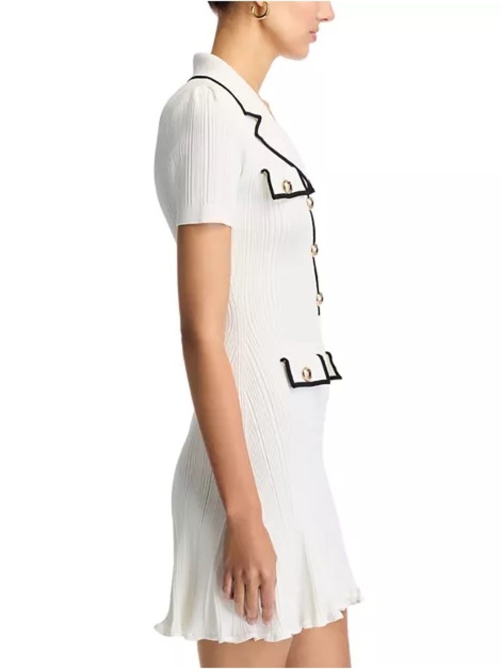 Self-Portrait White Mini Dress with Black Piping and Gold Buttons - Picture 5 of 7